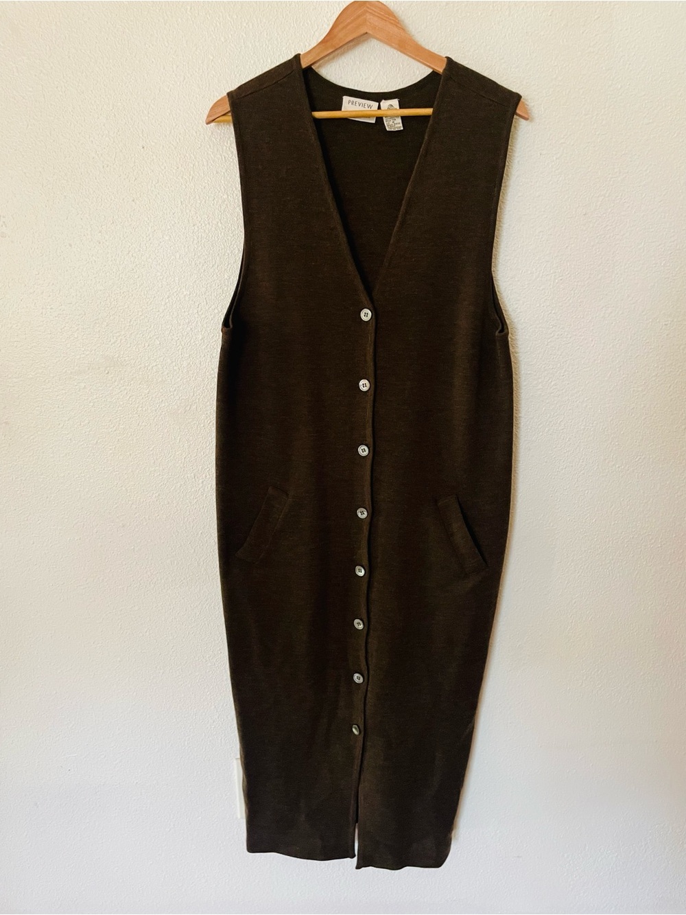 Preview Collection Brown Midi Sleeveless Button Front Dress 100 Merino Wool Sz M